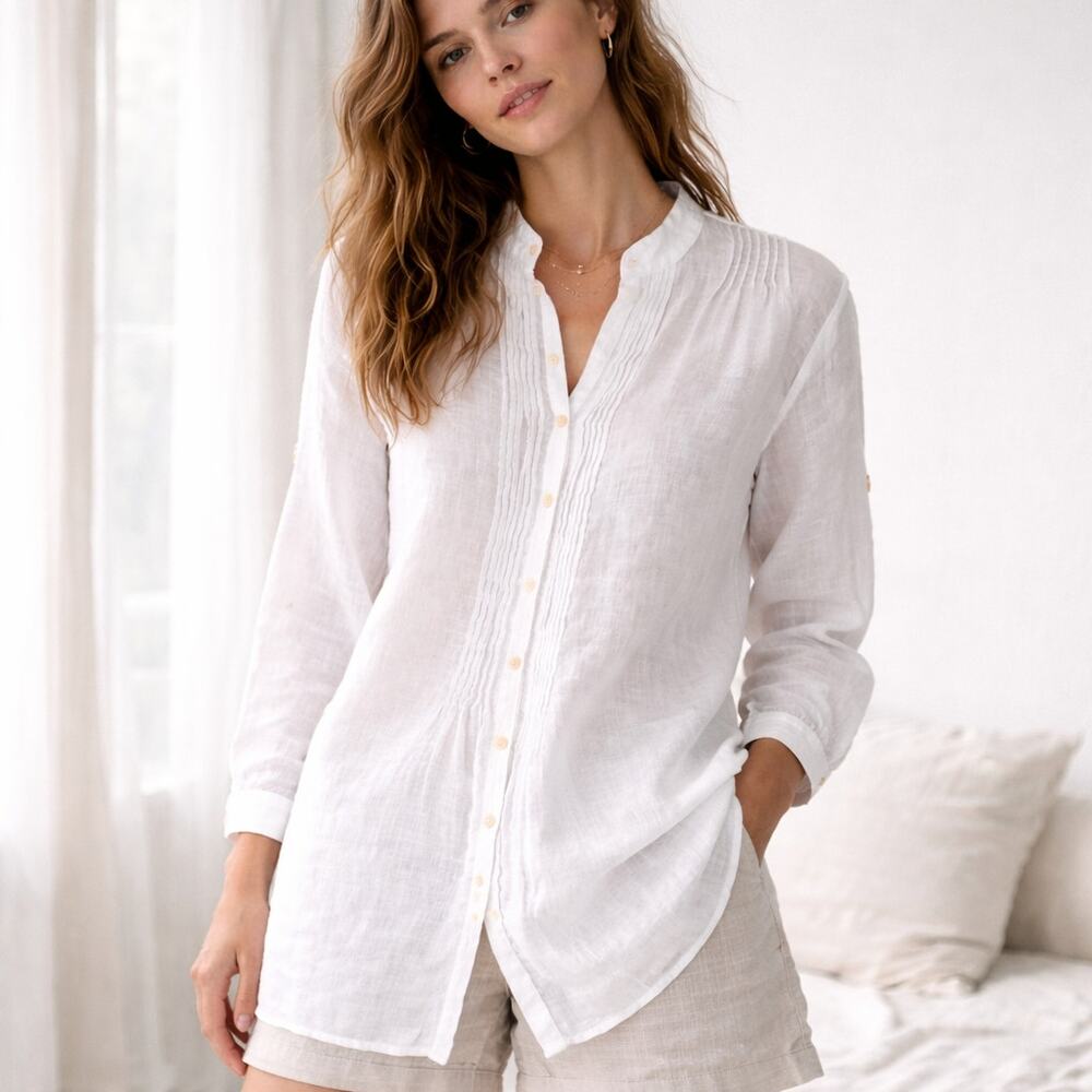 CP Shades XS Pleated Linen Shirt in White Button up Long Sleeve